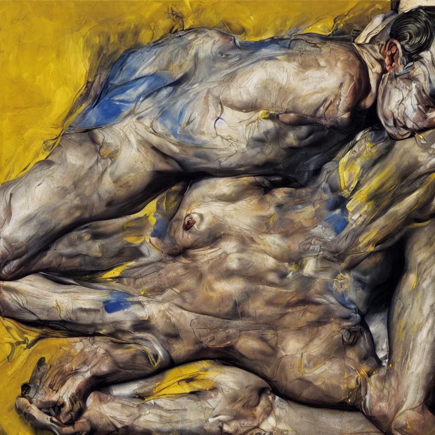 Image similar to high quality painting by lucian freud and jenny saville, hd, high contrast, fine details, mangenta, hd, blue, yellow