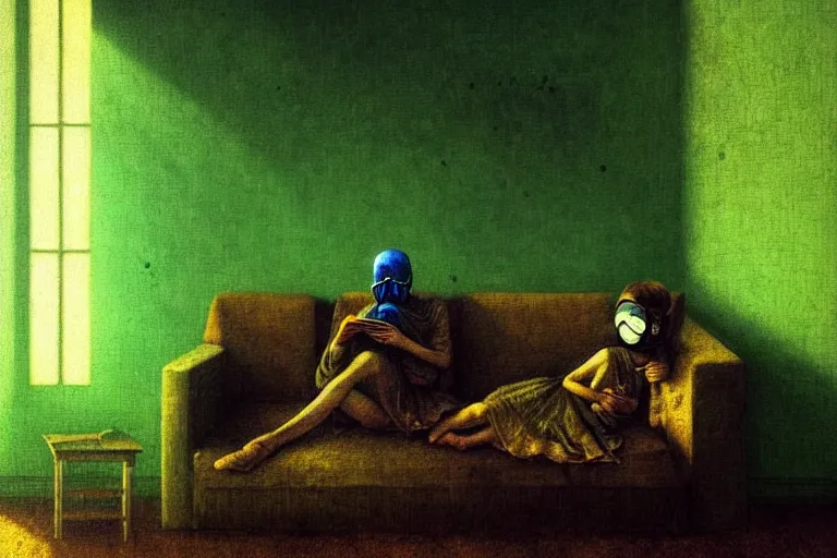 Image similar to girl with wearing a gas mask lying on the sofa reading a book in her room, in the style of beksinski, solarpunk, atmospheric, intricate and epic composition, green by caravaggio, insanely quality, highly detailed, masterpiece, blue light, artstation, 4 k