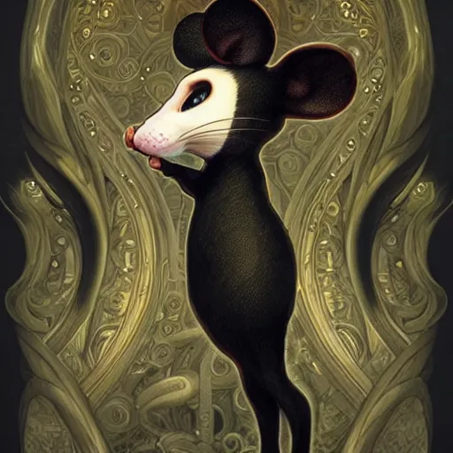 Image similar to a photograpic portrait of a anthropomorphic mouse wearing black clothes, black hair, fantasy, intricate, elegant, highly detailed, digital painting, artstation, concept art, smooth, sharp focus, illustration, art by artgerm and H R Giger and alphonse mucha