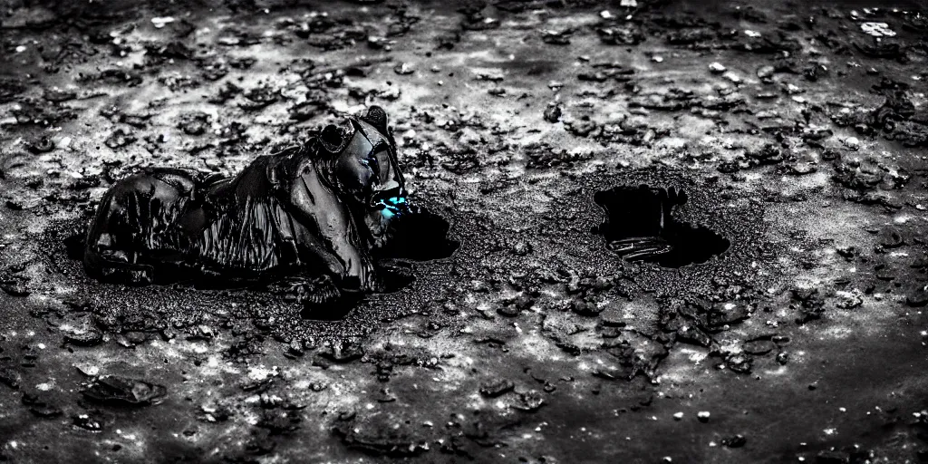 Prompt: the black lioness made of ferrofluid, rolling in the lake of sticky thick tar, viscous, sticky, full of black goo, covered with black goo, splattered black goo, dripping black goo, dripping goo, splattered goo, sticky black goo. photography, dslr, reflections, black goo, zoo, exhibit