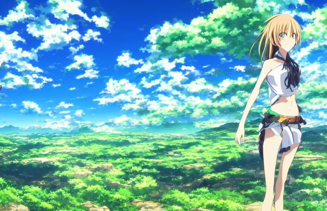 Prompt: an Anime Background Photo of a Valley with green plains and blue sky, with an anime girl standing in the foreground