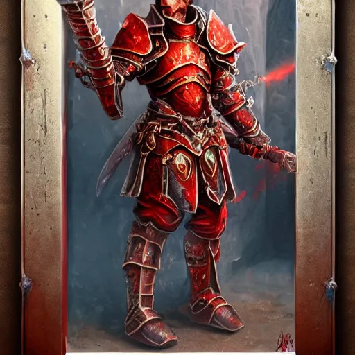 Image similar to blood paladin, fantasy art, located in a castle, legendary armor, red sunlight through the window, decorated, high quality, highly detailed,