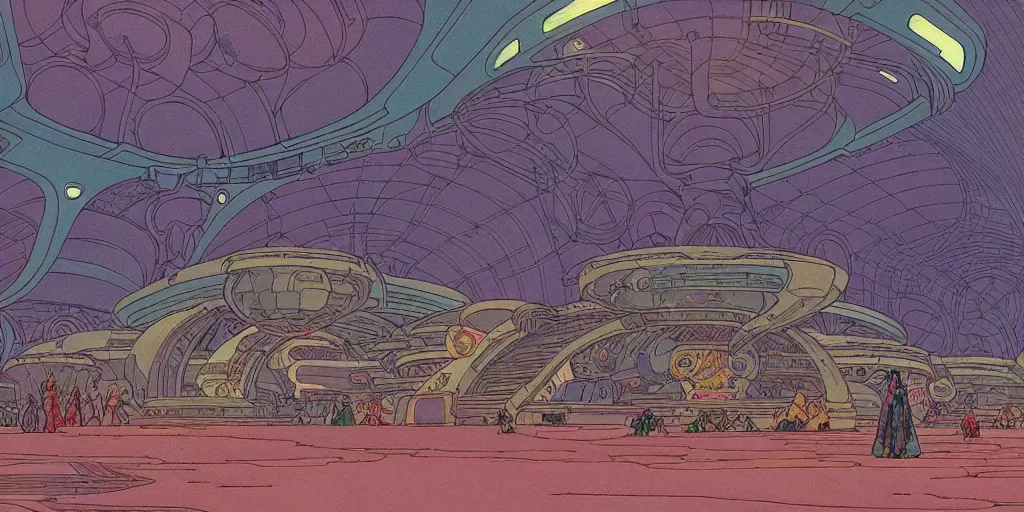 Image similar to cel shaded cinematic shot of the interior of a sci-fi space station with ornate Elven architecture bustling with various intelligent alien species, epic castle, emerald, crystalline, detailed illustration, sharp focus, crisp lines, art by Moebius, Jean Giraud Moebius comic illustration