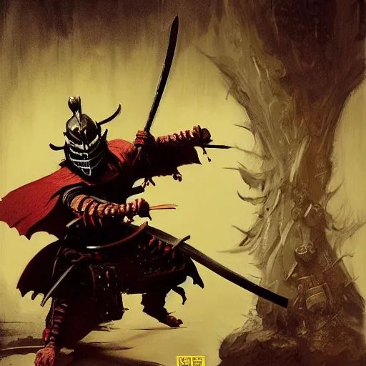 Image similar to quarter length portrait of a samurai hobgoblin, d & d, fantasy, greg rutkowski, frank frazetta, alexandre chaudret, boris vallejo, michael whelan, miro petrov, hr giger, magali villeneuve, donato giancola