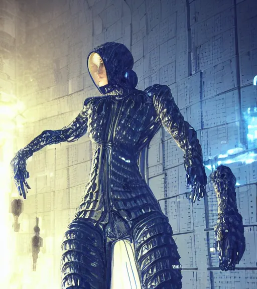 Prompt: aura of the ancient destroyed majestic tower of babylon, geometrieva in a gantz suit, futuristic cyber clothing, transparent puffer jacket, tarkovsky greatest scene, hyperealistic, blockchain, cyber world, ambient lighting, concept art, intricate, hyper detailed, smooth, dynamic volumetric lighting, ocatane, ray trace, cinematic, high quality, cgsociety