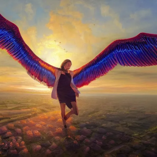 Prompt: a job offer with wings, flapping its wings flying in sunset sky, oil on canvas, portrait, intricate, 8k highly professionally detailed, HDR, CGsociety