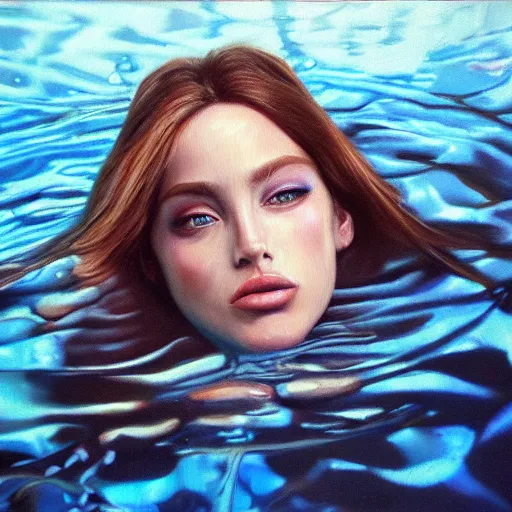 Prompt: hyperrealism oil painting, fashion model portrait underwater