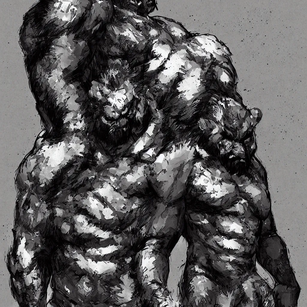 Image similar to large half bear half african man, in the style of yoji shinkawa