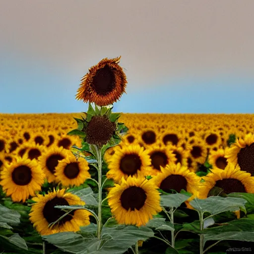 Prompt: a sad! sunflower on a rainy! day, standing in a wide field!, in a symbolic and meaningful style, trending on artstation, by rj monet.