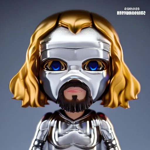 Image similar to chrome nendoroid jesus, glossy, metallic, neon, symmetrical, tribal patterns, realistic, unreal engine, octane, redshift, artstation, behance