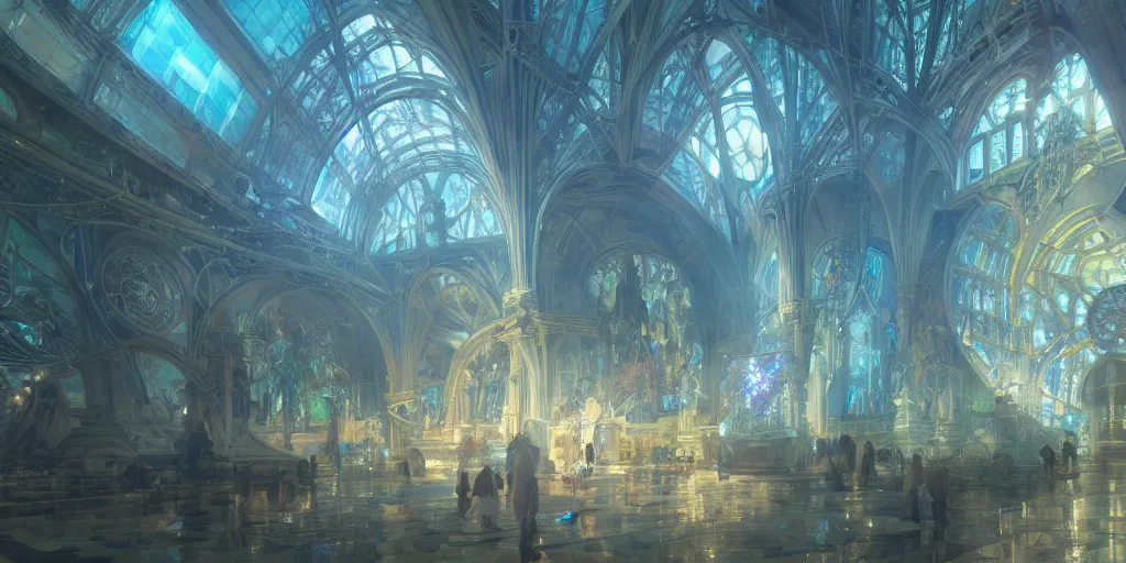 Image similar to a futuristic cathedral underwater, photorealistic, people, fishes, light rays from above the surface, realistic paint, specular light, high contrast, highly detailed, 4k, shallow depth of field, cinematic light, concept art, artstation, art by Enrich Victor, Alphonse Mucha