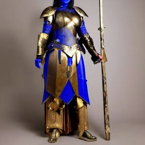 Prompt: full body photo of a female warrior lapis lazuli armour