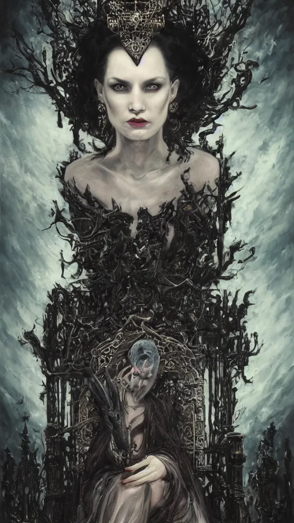 Image similar to a beautiful black haired woman with pale skin and a crown on her head sitted on an intricate metal throne, intimidating woman, large black eyes, high forehead, smooth pale skin, ethereal skin, ominous, eldritch. oil painting by nuri iyem, james gurney, james jean, greg rutkowski, highly detailed, soft lighting, chiaroscuro