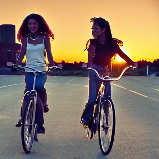 Image similar to teens riding their bikes in the 1 9 8 0 s, long shot, sunset at the golden hour, photoreal, synthwave style