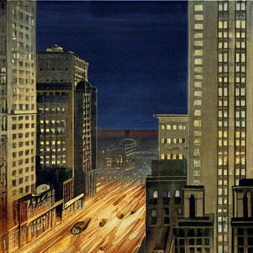 Prompt: muted color ultra realistic painting of a balcony view of 1 9 2 5 boston downtown at night, the sky is distorted and broken like a smashed mirror, and the foreground looks like it is underwater, dark, brooding, night, atmospheric, ultra - realistic, smooth, highly detailed in the style of clyde caldwell