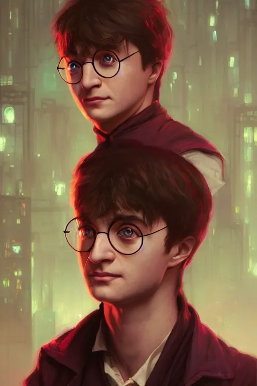 Prompt: Portrait of Harry Potter in cyberpunk, implants, neon cinematic lighting, digital art from artstation by Ruan Jia and Mandy Jurgens and Artgerm and william-adolphe bouguereau and Greg Rutkowski and Wayne Barlowe