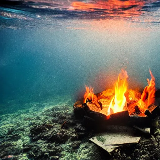 Image similar to photo of a camp fire underwater, highly - detailed, cinematic