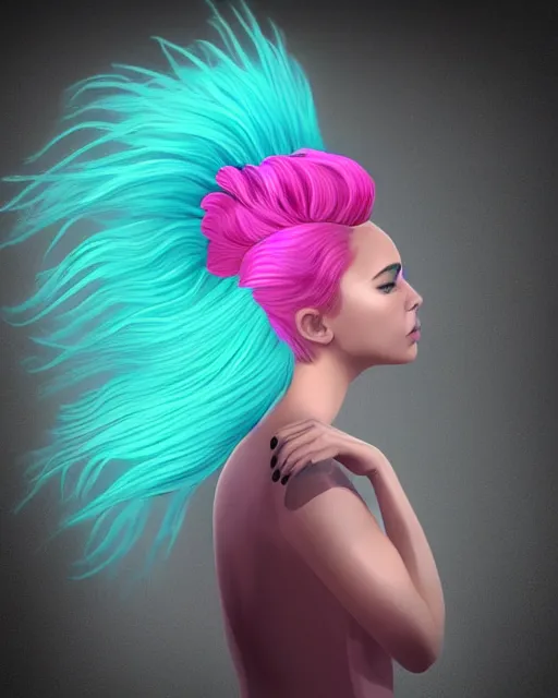 Image similar to a detailed digital art of a dramatic lighting beautiful young woman with cotton candy hair. with a little bit of cyan and pink