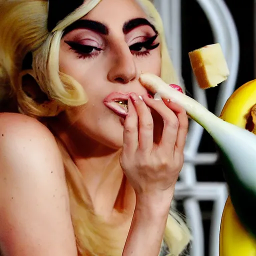 Prompt: lady gaga side view eating meat banana