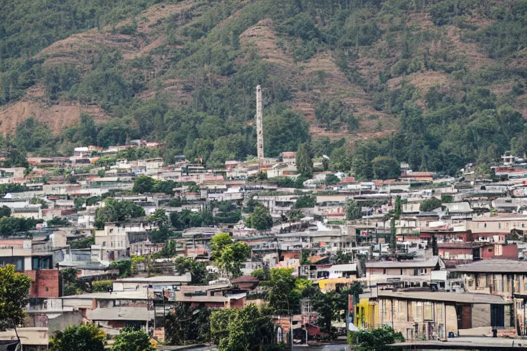 Prompt: looking down street, warehouses lining the street. hills background with trees and radio tower on top. telephoto lens compression.