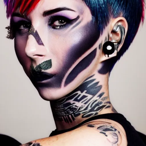 Prompt: A tattooed punk girl with a pixie cut, high-tech futuristic