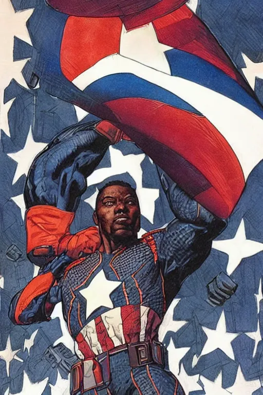 Image similar to black captain America. concept art by James Gurney and Mœbius.