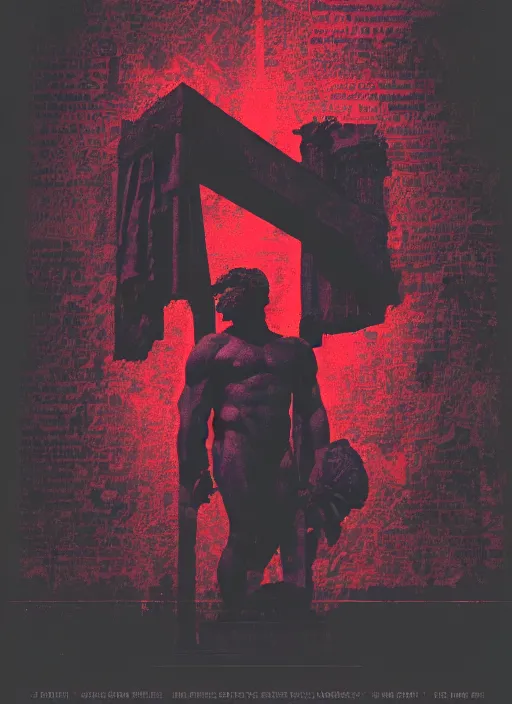 Prompt: dark design poster showing a statue of hercules, black background with very subtle red and purple design elements, powerful, nekro, vito acconci, graphic design, collage art, subtle thin lines, dark, glitch art, neo vaporwave, gritty, layout frame, square, trending on artstation