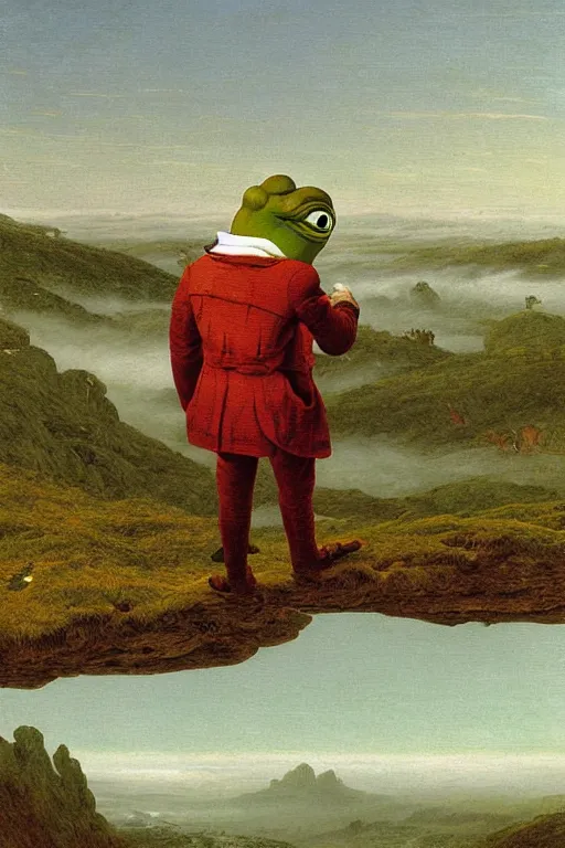 Prompt: Pepe the Frog in painting Wanderer above the Sea of Fog by Caspar David Friedrich,