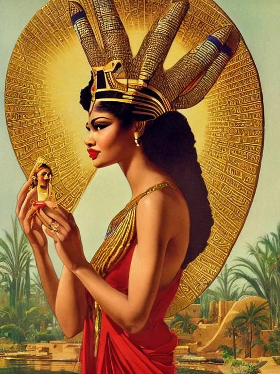 Image similar to zendaya as the Egyptian goddess isis the lady of the fertile Nile, a beautiful art nouveau portrait by Gil elvgren, Nile river environment pyramids water garden , centered composition, defined features, golden ratio, gold jewelry