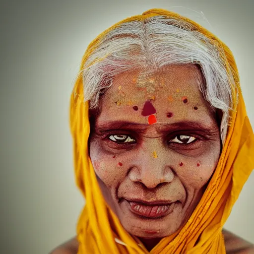 Image similar to realistic expired fuji film portrait of happy albino india hijra woman mix, marigold celestial vibe, hyperrealism, hypermaxiymalism, photorealistic, detailed, atmospheric, 8 k, award winning photography, cinematic