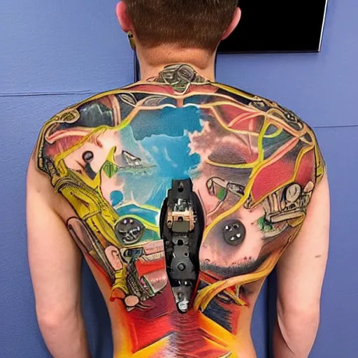 Image similar to backside on the shoulders is a tattoo of a hole in the skin with multicolored robotic mechanics and cables and a computer fan inside under the skin, insanely integrate, 3 d