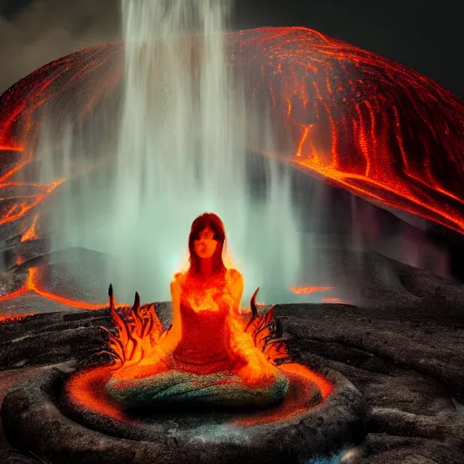 Prompt: the goddess of fire reclines in her temple, lava, volcano, photomanipulation, beautiful, 8k, moody, atmpspheric, ethereal, otherworldly, dramatic