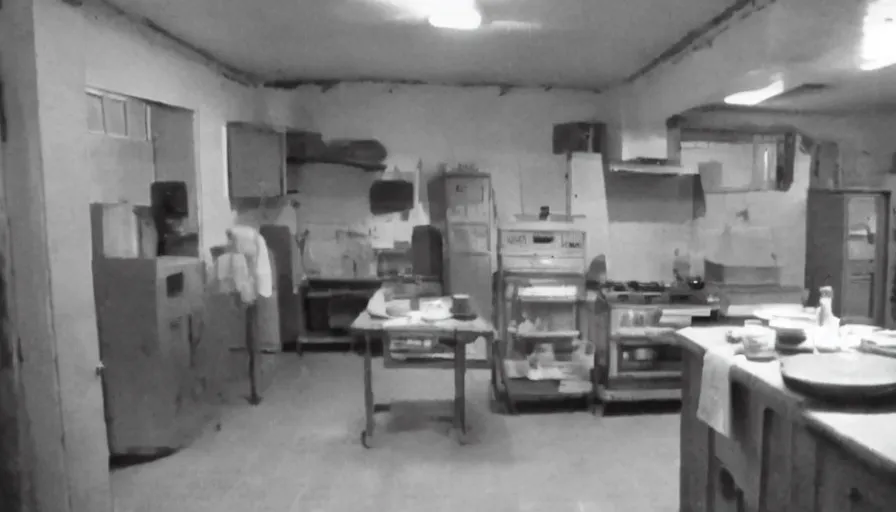 Image similar to a ai in a stalinist style kitchen, by mini dv camera, very very low quality, heavy grain, very blurry, accidental flash, webcam footage, found footage, security cam, caught on trail cam