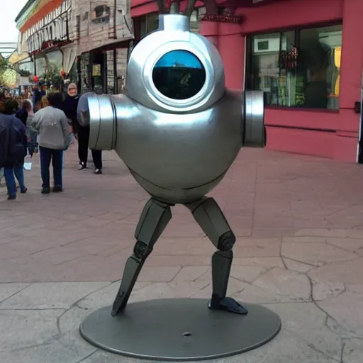 Image similar to Wheatley from portal 2 as a large metal statue in town center