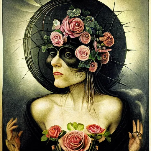 Image similar to semi - realistic weird and scary beautiful metaphysical portrait gothic style in style of hieronymus bosch anne stoke sharp focus 8 k holografic roses