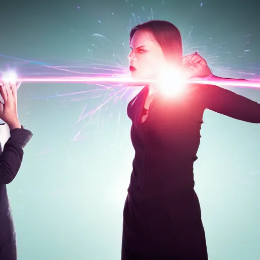 Prompt: an angry looking woman with lasers beams coming from her eyes giving her husband the look