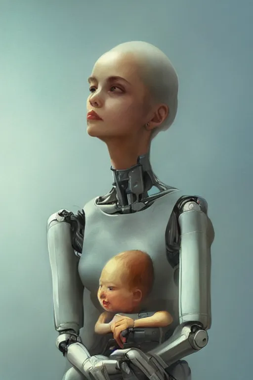 Image similar to female robot portrait, holding young baby, dystopian, digital painting, sculpted in zbrush, artstation, concept art, sharp focus, illustration, chiaroscuro lighting, golden ratio, rule of thirds, incredible art by artgerm greg rutkowski wlop simon stalenhag