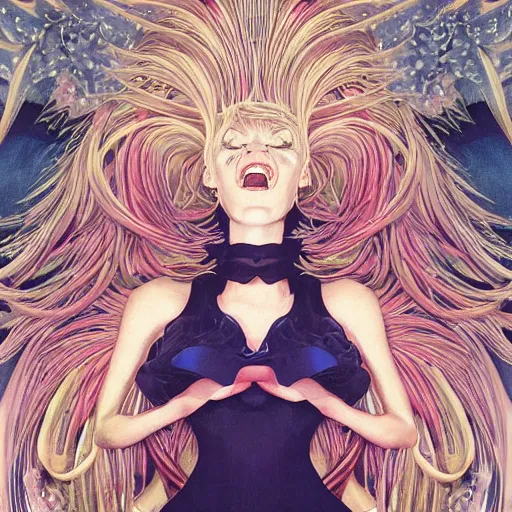 Image similar to portrait of crazy screaming beautiful singer sia kate isobelle furler, big ribbon, ymmetrical, by yoichi hatakenaka, masamune shirow, josan gonzales and dan mumford, ayami kojima, takato yamamoto, barclay shaw, karol bak, yukito kishiro