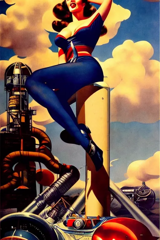 Image similar to beautiful retro space megan fox varga girl sitting on a rocket in diesel punk city, windblown dark hair, retro pinup model, seductive, 1 9 4 0, glamour pose, intricate, smoke, hyper detailed, digital art, smooth, sharp focus, alberto vargas, gil elvgren, greg rutkowski, propaganda poster