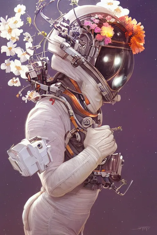 Image similar to ultra realistic illustration, astronaut in space with flowers blossoming from helmet, elegant, highly detailed, digital painting, concept art, smooth, sharp focus, illustration, art by artgerm and greg rutkowski and alphonse mucha