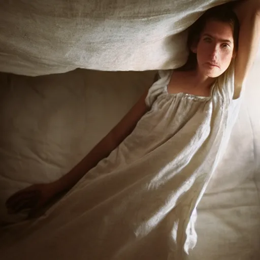 Image similar to closeup portrait of girl in linen clothing floating from the room ceiling into a bed, natural sun lighting, 8 5 mm lens by annie leibovitz