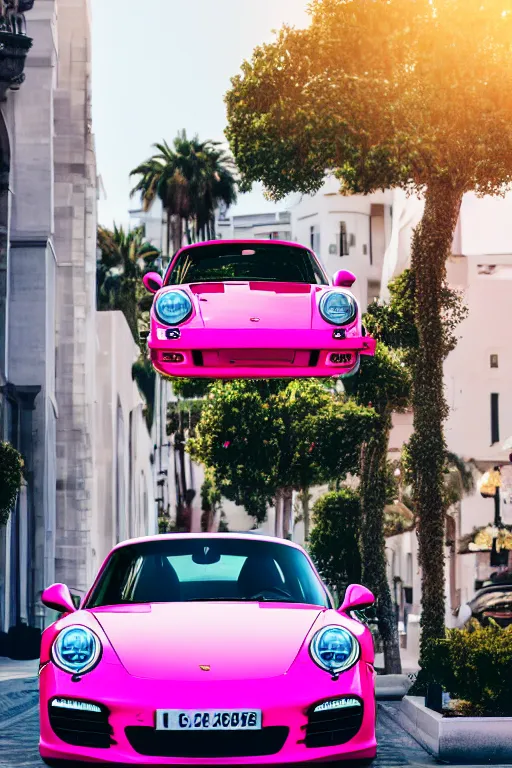 Prompt: Photo of a pink Porsche 911 Carrera 3.2 parked on the road with Rodeo drive in the background, wide shot, poster, rule of thirds, photo print, golden hour, daylight, vibrant, volumetric lighting, award winning
