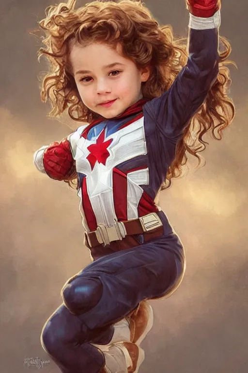 Image similar to a little girl with a mischievous face and short!! light brown curly wavy hair. she is dressed as captain america, spider - man, batman, captain marvel, a superhero. clean elegant painting, beautiful detailed face. by artgerm and greg rutkowski and alphonse mucha