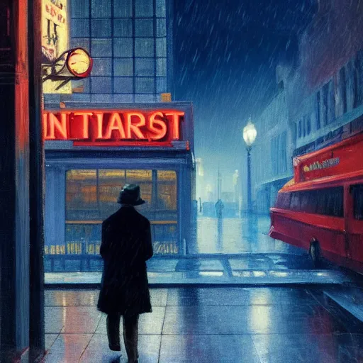 Image similar to A yorkie at night in the world of Edward Hopper, stormy snowy weather, streetlights, extremely detailed masterpiece, oil on canvas, low-key neon lighting, artstation, Blade Runner 2049, Roger Deakin’s cinematography, by J. C. Leyendecker and Peter Paul Rubens,