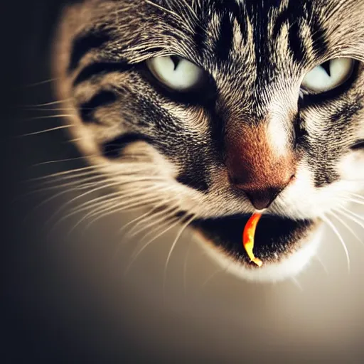 Image similar to cat smoking a cigar, cigar in mouth, whiskers, close up photography, dimly lit