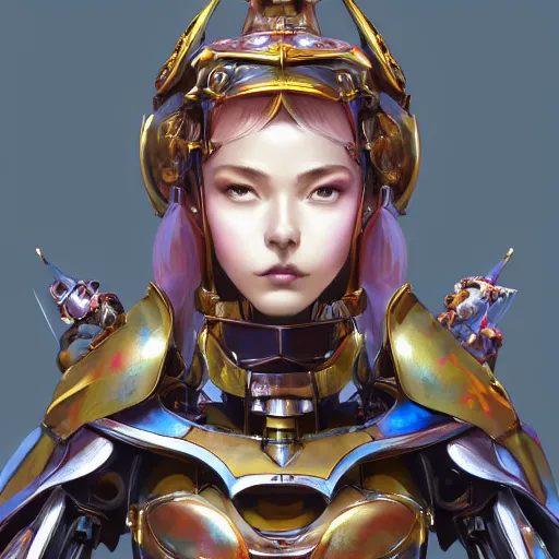 Image similar to studio portrait of lawful good colorful female holy mecha paladin absurdly beautiful, elegant, young sensual graceful woman, ultrafine hyperrealistic detailed face illustration by kim jung gi, irakli nadar, intricate linework, sharp focus, bright colors, matte, octopath traveler, final fantasy, unreal engine highly rendered, global illumination, radiant light, intricate environment