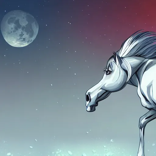 Image similar to a horse, grazing on the moon, trending on artstation, anime style