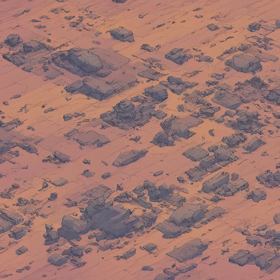 Image similar to a high high perspective landscape of a barren alien world. isometric perspective. sandy plain, junk strewn about. science fiction art. moebius