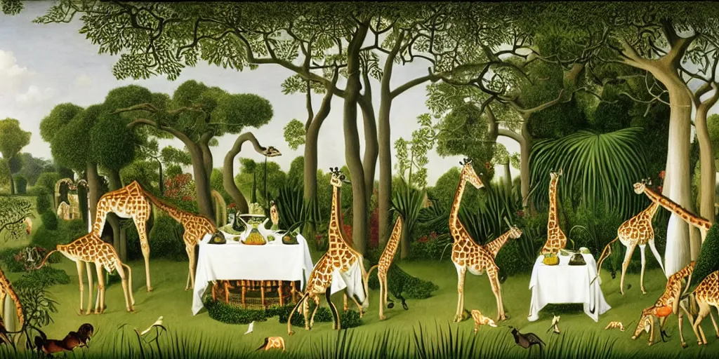 Prompt: elegant victorian tea party with giraffes in an english summer garden patio, hyper realistic henri rousseau - h 7 6 8