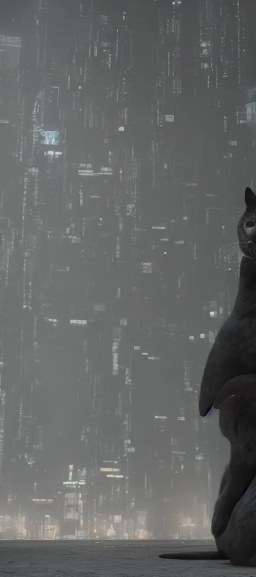 Image similar to black seal hugging gray cat, romantic in cyberpunk world, dramatic, cinematic footage, volumetric iight, octan render 4 k